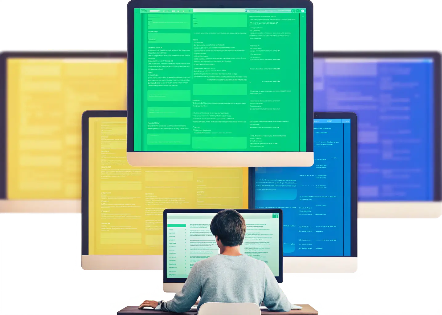 Person som arbetar vid dator med flera AI-chattfönster öppna — produktivitet och effektivitet